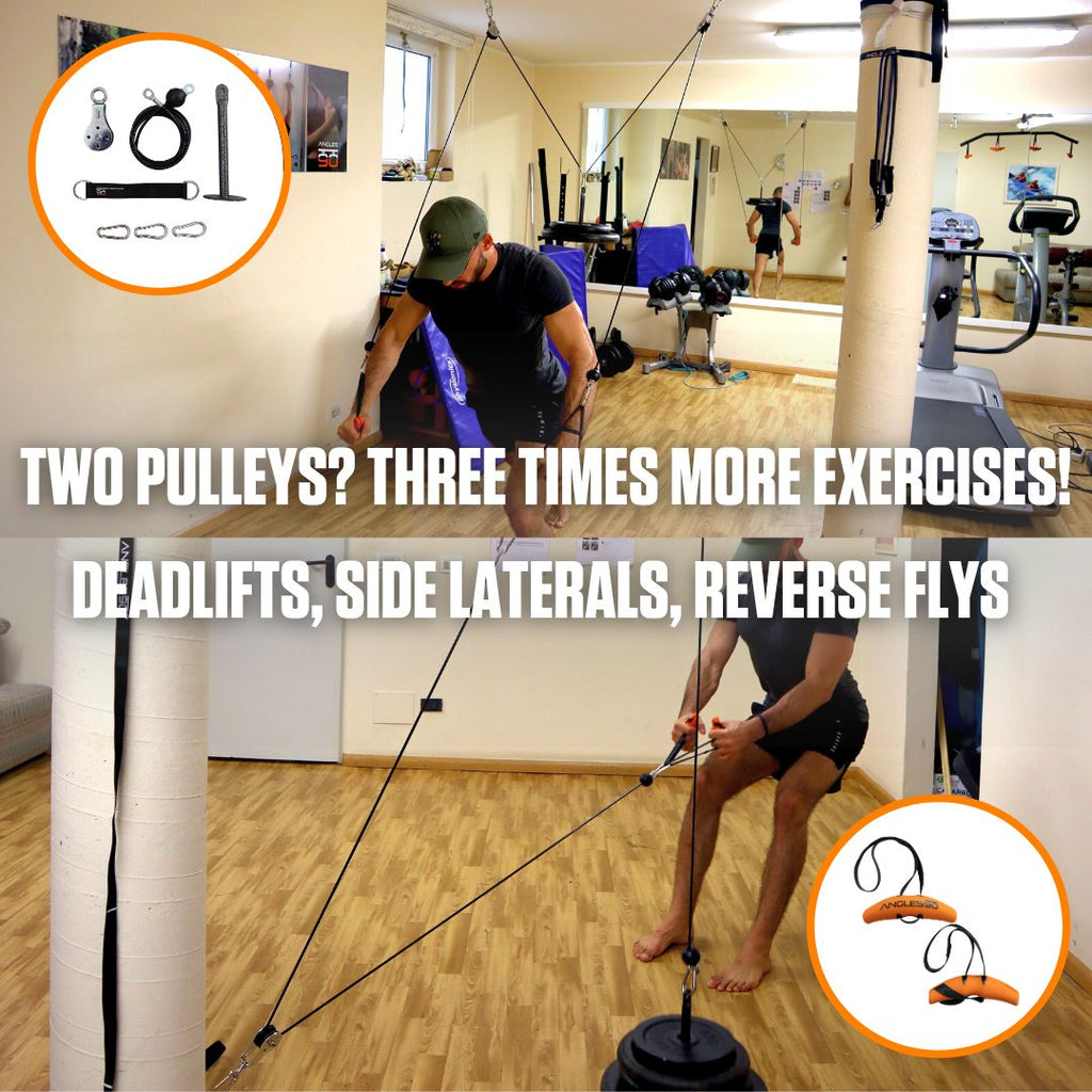 A fitness enthusiast maximizing his workout with a versatile A90 Cable Pulley Set, performing various exercises like deadlifts, side laterals, and reverse flys in a well-equipped gym.