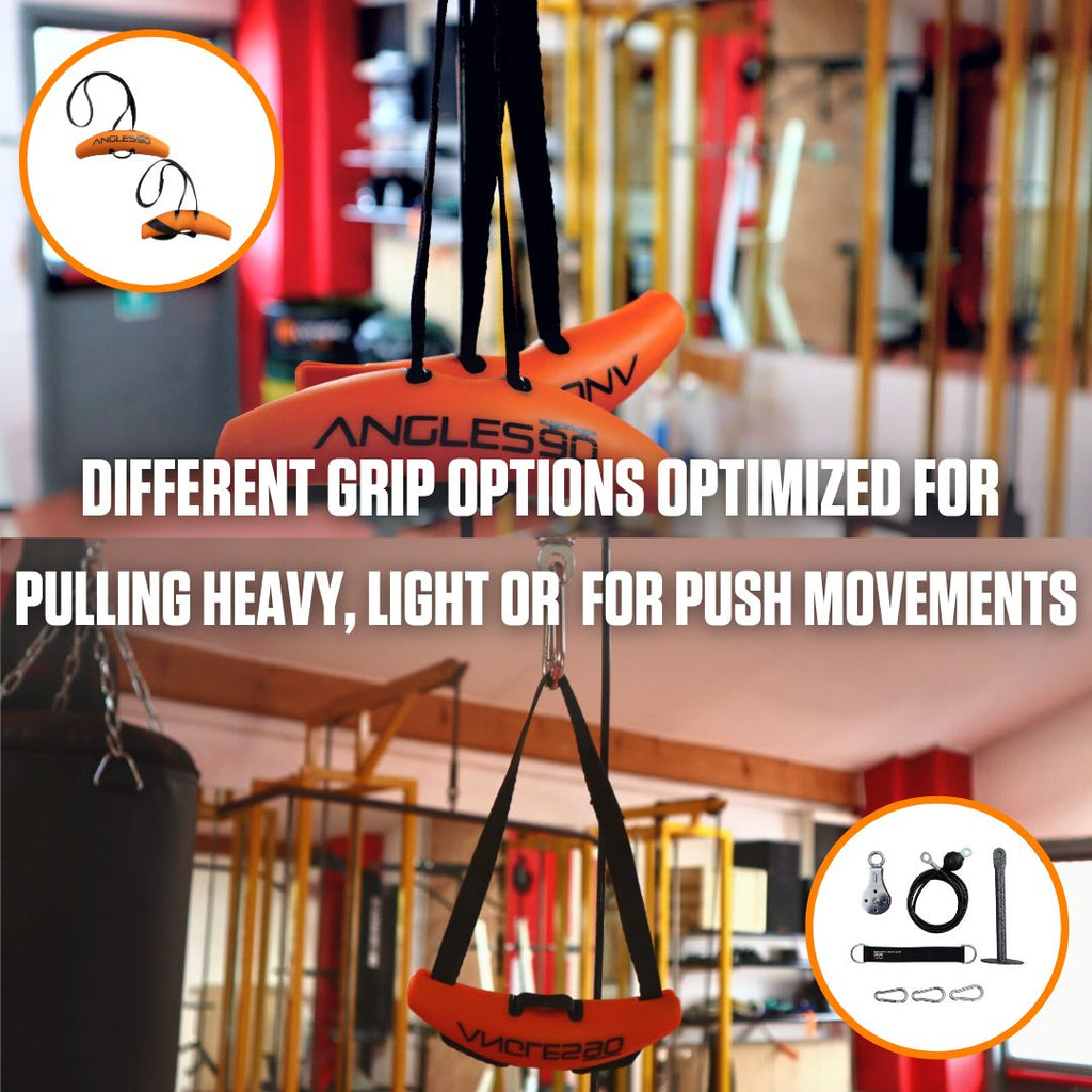 A variety of fitness equipment focusing on grip strength, featuring tools like A90 Cable Pulley Set for different intensity levels and movement types, set in a well-equipped gym environment.